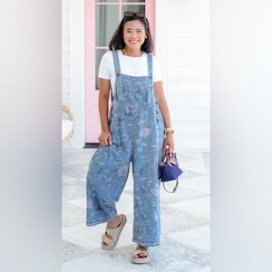 Easel Blue Floral Denim Overalls; Size L